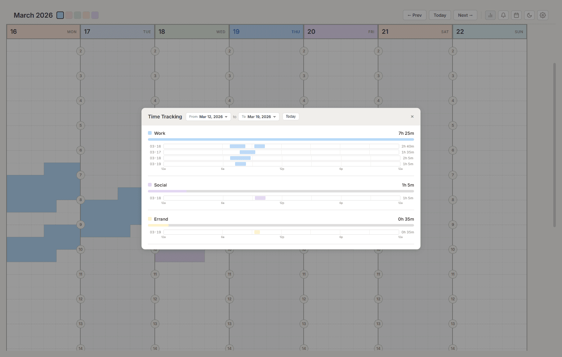 Kiroku time tracking popup showing hours logged per task type