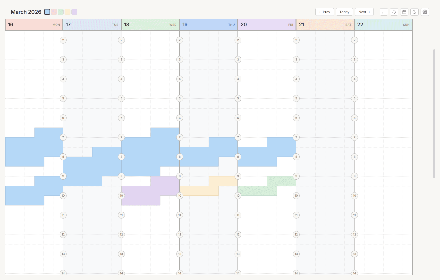 Kiroku main view showing the weekly planner grid with color-coded time blocks